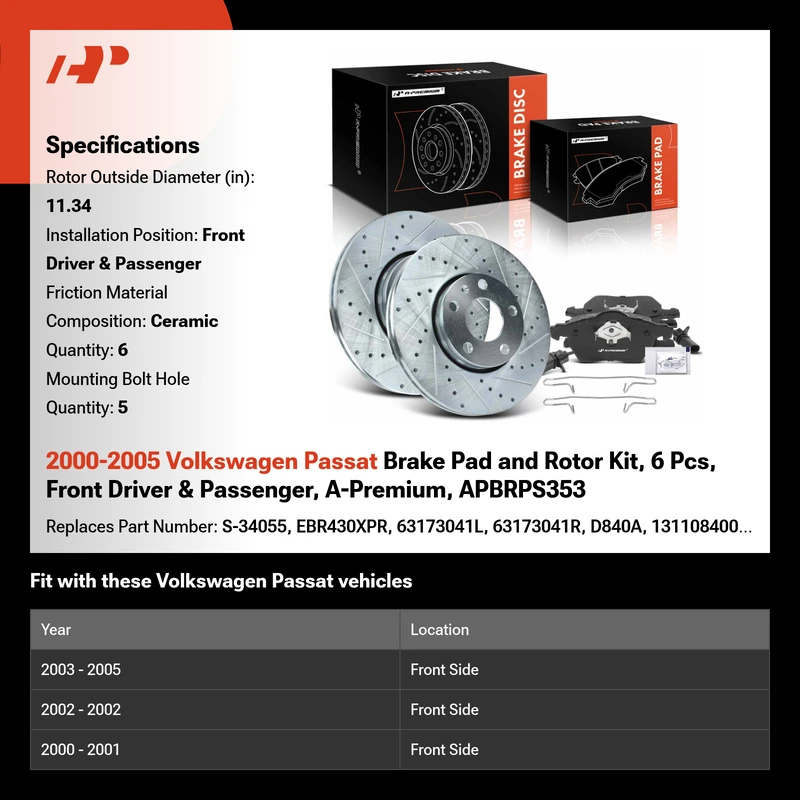2000-2005 Volkswagen Passat Brake Pad and Rotor Kit, 6 Pcs, Front Driver & Passenger, A-Premium, APBRPS353