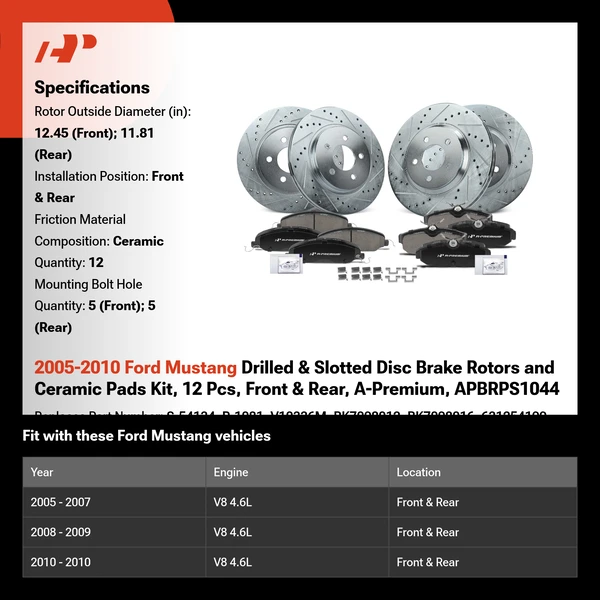 2005-2010 Ford Mustang Drilled & Slotted Disc Brake Rotors and Ceramic Pads Kit, 12 Pcs, Front & Rear, A-Premium, APBRPS1044