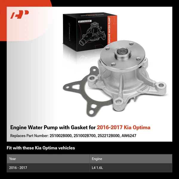 Engine Water Pump with Gasket for 2016-2017 Kia Optima