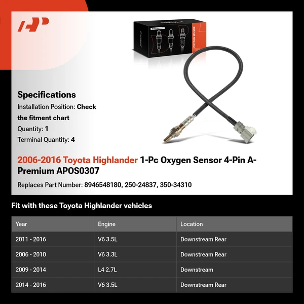 2006-2016 Toyota Highlander 1-Pc Oxygen Sensor 4-Pin A-Premium APOS0307