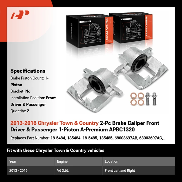 2013-2016 Chrysler Town & Country 2-Pc Brake Caliper Front Driver & Passenger 1-Piston A-Premium APBC1320