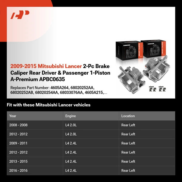 2009-2015 Mitsubishi Lancer 2-Pc Brake Caliper Rear Driver & Passenger 1-Piston A-Premium APBC0635