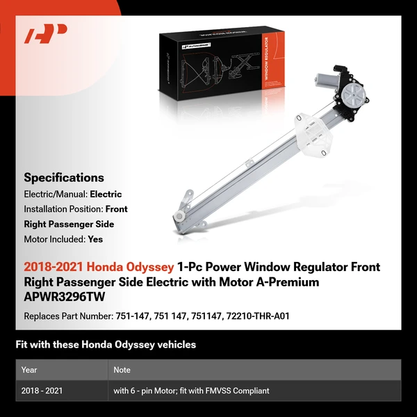 2018-2021 Honda Odyssey 1-Pc Power Window Regulator Front Right Passenger Side Electric with Motor A-Premium APWR3296TW