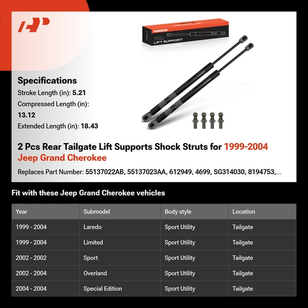 2 Pcs Rear Tailgate Lift Supports Shock Struts for 1999-2004 Jeep Grand Cherokee