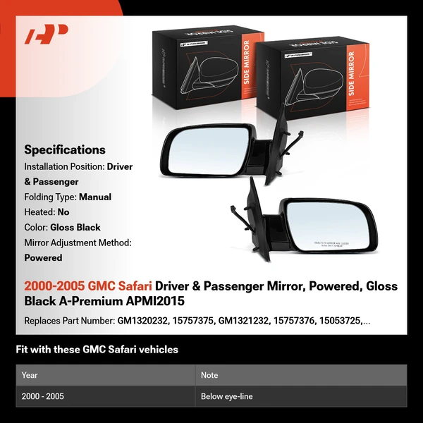 2000-2005 GMC Safari Driver & Passenger Mirror, Powered, Gloss Black A-Premium APMI2015