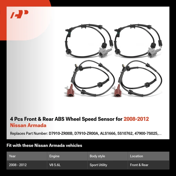 4 Pcs Front & Rear ABS Wheel Speed Sensor for 2008-2012 Nissan Armada