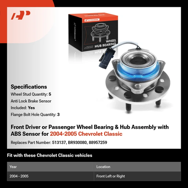 Front Driver or Passenger Wheel Bearing & Hub Assembly with ABS Sensor for 2004-2005 Chevrolet Classic