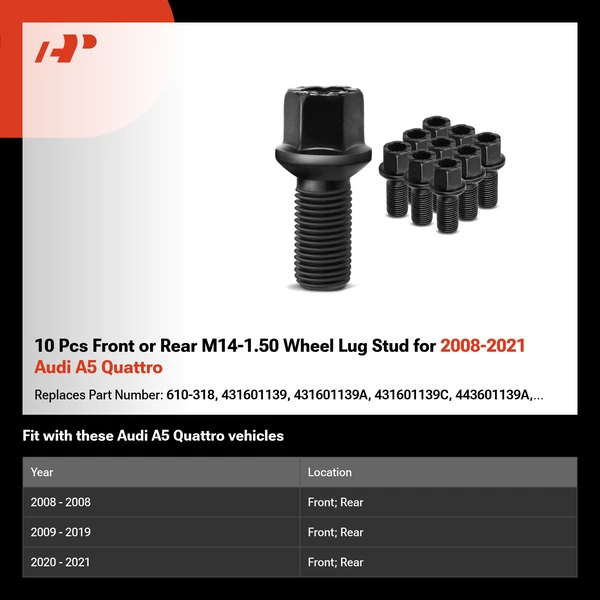 10 Pcs Front or Rear M14-1.50 Wheel Lug Stud for 2008-2021 Audi A5 Quattro