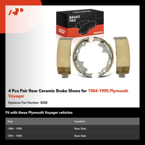 4 Pcs Pair Rear Ceramic Brake Shoes for 1984-1995 Plymouth Voyager