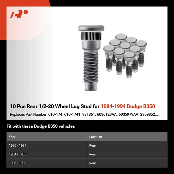 10 Pcs Rear 1/2-20 Wheel Lug Stud for 1984-1994 Dodge B350