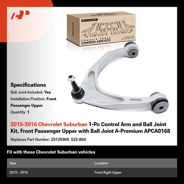 2015-2016 Chevrolet Suburban 1-Pc Control Arm and Ball Joint Kit, Front Passenger Upper with Ball Joint A-Premium APCA0168