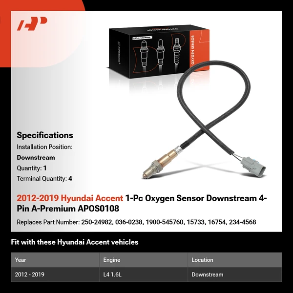 2012-2019 Hyundai Accent 1-Pc Oxygen Sensor Downstream 4-Pin A-Premium APOS0108