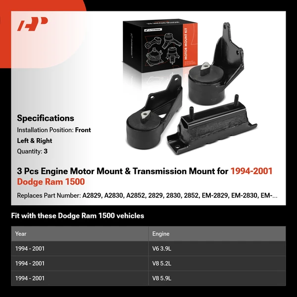 3 Pcs Engine Motor Mount & Transmission Mount for 1994-2001 Dodge Ram 1500