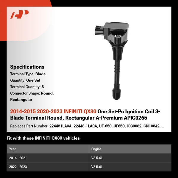 2014-2015 2020-2023 INFINITI QX80 One Set-Pc Ignition Coil 3-Blade Terminal Round, Rectangular A-Premium APIC0265