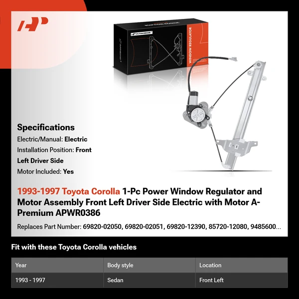 1993-1997 Toyota Corolla 1-Pc Power Window Regulator and Motor Assembly Front Left Driver Side Electric with Motor A-Premium APWR0386