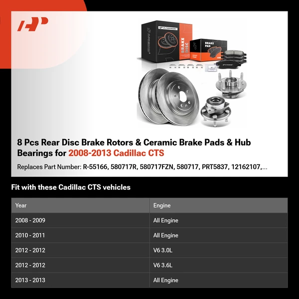 8 Pcs Rear Disc Brake Rotors & Ceramic Brake Pads & Hub Bearings for 2008-2013 Cadillac CTS