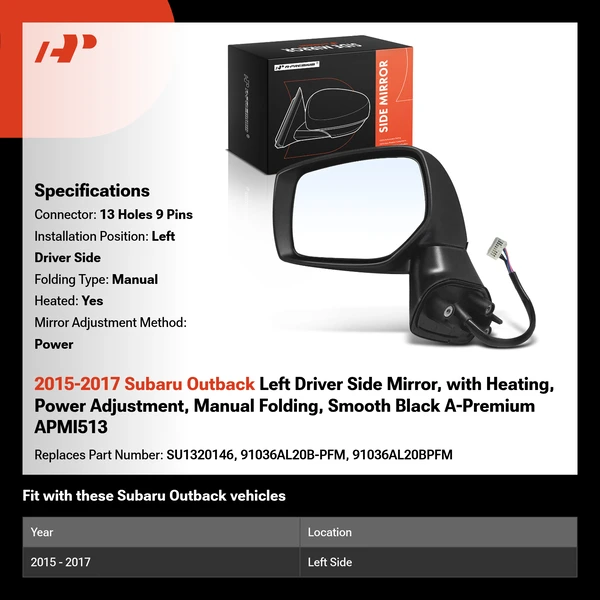 2015-2017 Subaru Outback Left Driver Side Mirror, with Heating, Power Adjustment, Manual Folding, Smooth Black A-Premium APMI513