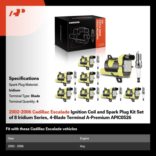 2002-2006 Cadillac Escalade Ignition Coil and Spark Plug Kit Set of 8 Iridium Series, 4-Blade Terminal A-Premium APIC0526