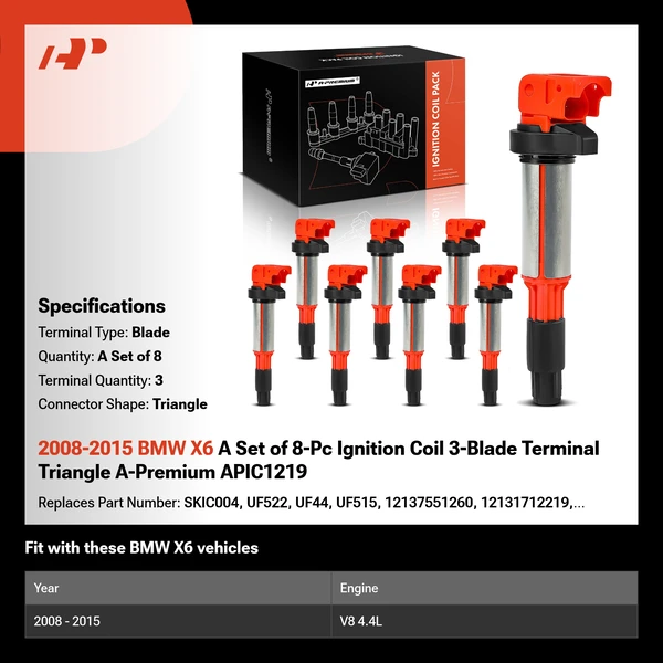 2008-2015 BMW X6 A Set of 8-Pc Ignition Coil 3-Blade Terminal Triangle A-Premium APIC1219