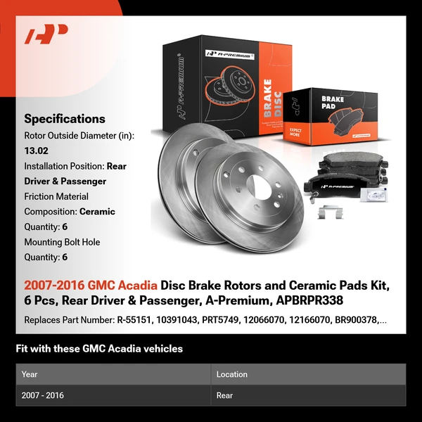 2007-2016 GMC Acadia Disc Brake Rotors and Ceramic Pads Kit, 6 Pcs, Rear Driver & Passenger, A-Premium, APBRPR338