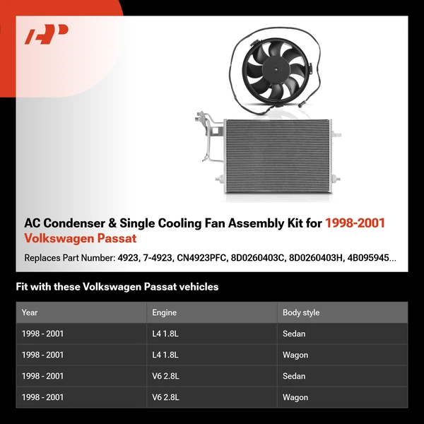 AC Condenser & Single Cooling Fan Assembly Kit for 1998-2001 Volkswagen Passat