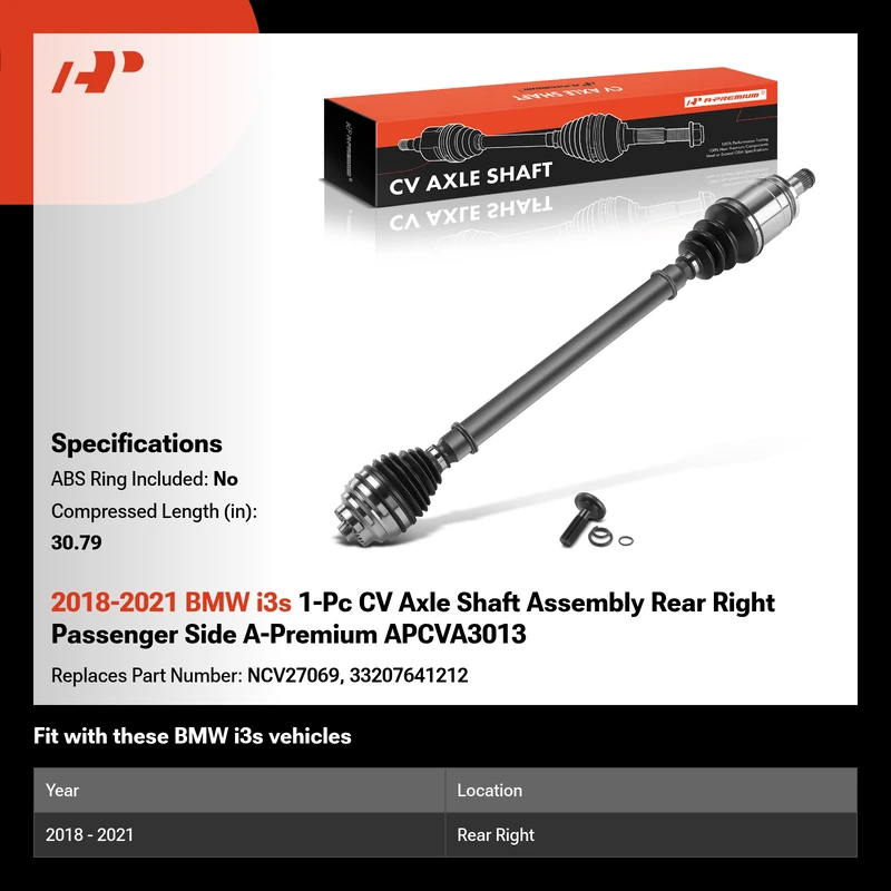 2018-2021 BMW i3s 1-Pc CV Axle Shaft Assembly Rear Right Passenger Side A-Premium APCVA3013