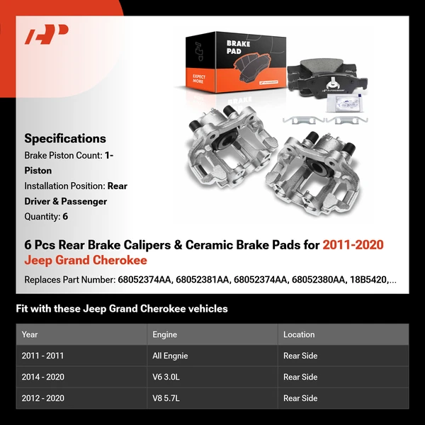6 Pcs Rear Brake Calipers & Ceramic Brake Pads for 2011-2020 Jeep Grand Cherokee