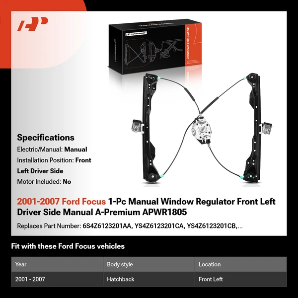 2001-2007 Ford Focus 1-Pc Manual Window Regulator Front Left Driver Side Manual A-Premium APWR1805