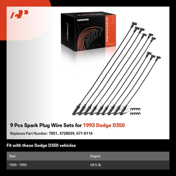 9 Pcs Spark Plug Wire Sets for 1993 Dodge D350
