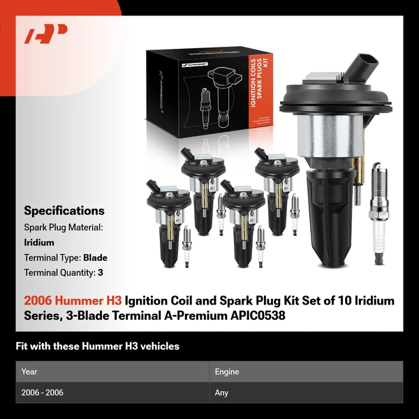 2006 Hummer H3 Ignition Coil and Spark Plug Kit Set of 10 Iridium Series, 3-Blade Terminal A-Premium APIC0538
