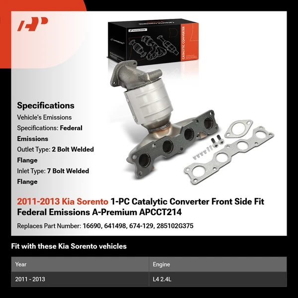2011-2013 Kia Sorento 1-PC Catalytic Converter Front Side Fit Federal Emissions A-Premium APCCT214