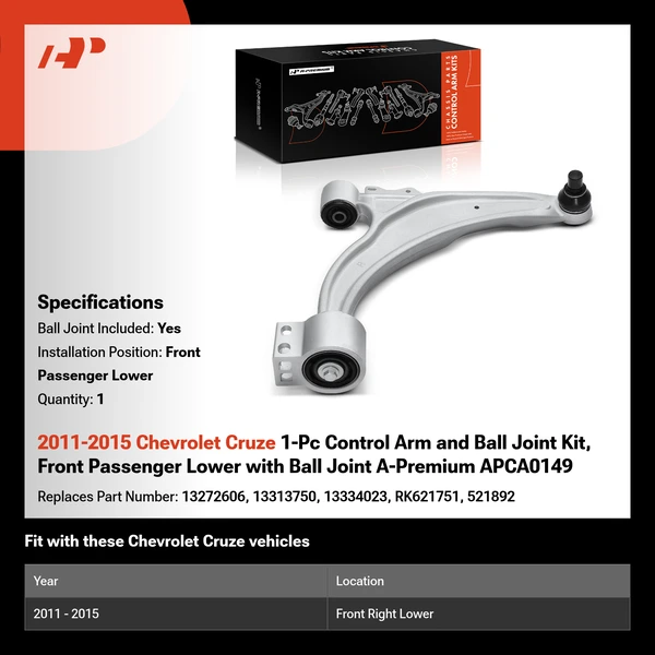 2011-2015 Chevrolet Cruze 1-Pc Control Arm and Ball Joint Kit, Front Passenger Lower with Ball Joint A-Premium APCA0149