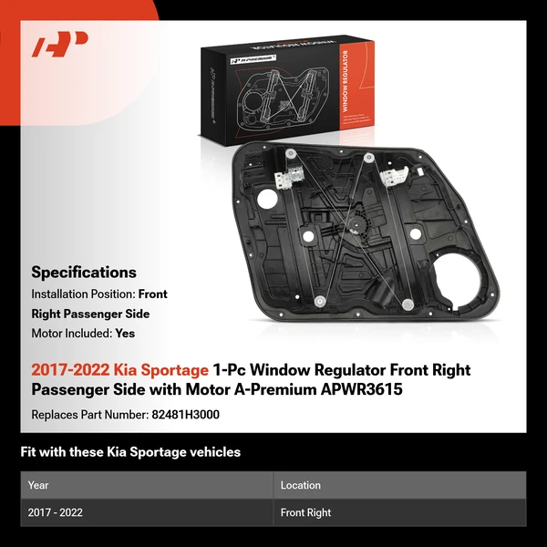 2017-2022 Kia Sportage 1-Pc Window Regulator Front Right Passenger Side with Motor A-Premium APWR3615