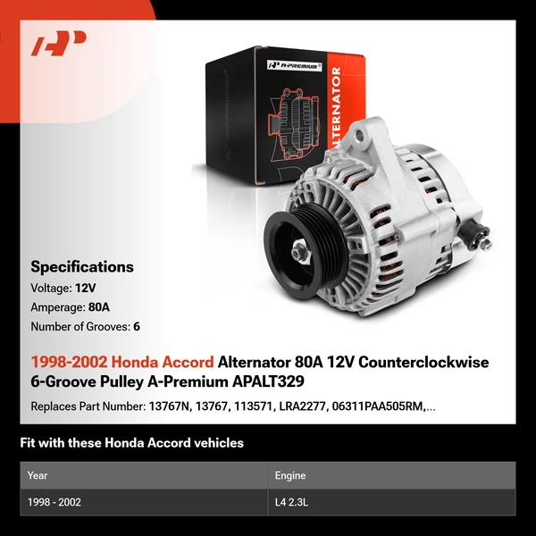 1998-2002 Honda Accord Alternator 80A 12V Counterclockwise 6-Groove Pulley A-Premium APALT329