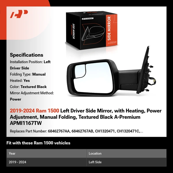 2019-2024 Ram 1500 Left Driver Side Mirror, with Heating, Power Adjustment, Manual Folding, Textured Black A-Premium APMI1167TW
