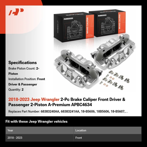 2018-2023 Jeep Wrangler 2-Pc Brake Caliper Front Driver & Passenger 2-Piston A-Premium APBC4634