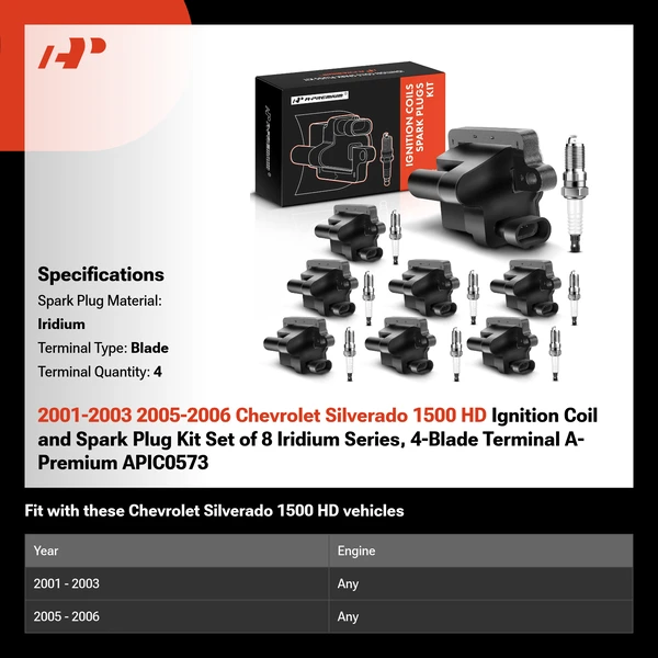 2001-2003 2005-2006 Chevrolet Silverado 1500 HD Ignition Coil and Spark Plug Kit Set of 8 Iridium Series, 4-Blade Terminal A-Premium APIC0573