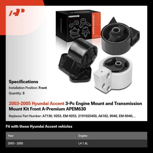 2003-2005 Hyundai Accent 3-Pc Engine Mount and Transmission Mount Kit Front A-Premium APEM630