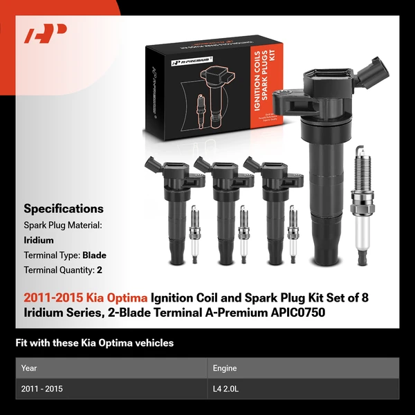 2011-2015 Kia Optima Ignition Coil and Spark Plug Kit Set of 8 Iridium Series, 2-Blade Terminal A-Premium APIC0750