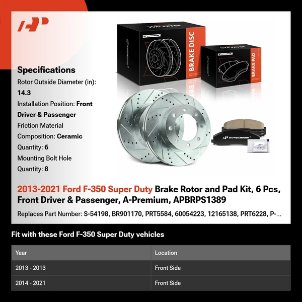 2013-2021 Ford F-350 Super Duty Brake Rotor and Pad Kit, 6 Pcs, Front Driver & Passenger, A-Premium, APBRPS1389
