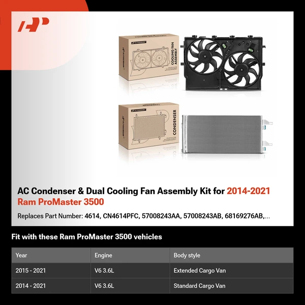 AC Condenser & Dual Cooling Fan Assembly Kit for 2014-2021 Ram ProMaster 3500