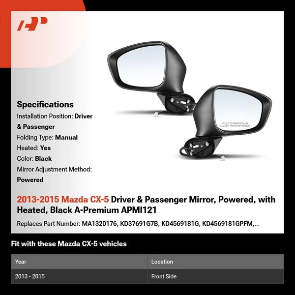 2013-2015 Mazda CX-5 Driver & Passenger Mirror, Powered, with Heated, Black A-Premium APMI121