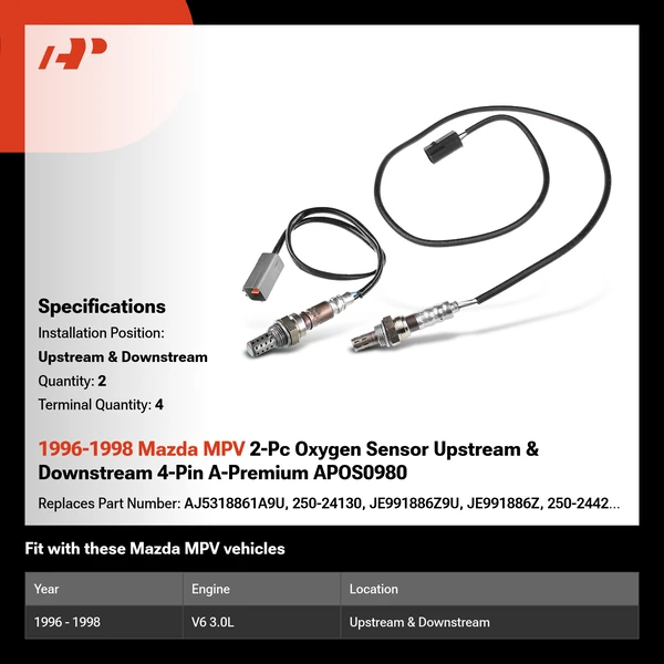 1996-1998 Mazda MPV 2-Pc Oxygen Sensor Upstream & Downstream 4-Pin A-Premium APOS0980