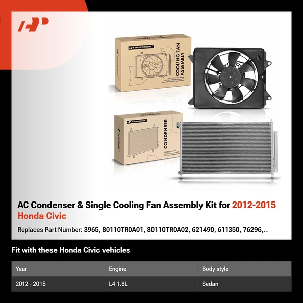 AC Condenser & Single Cooling Fan Assembly Kit for 2012-2015 Honda Civic