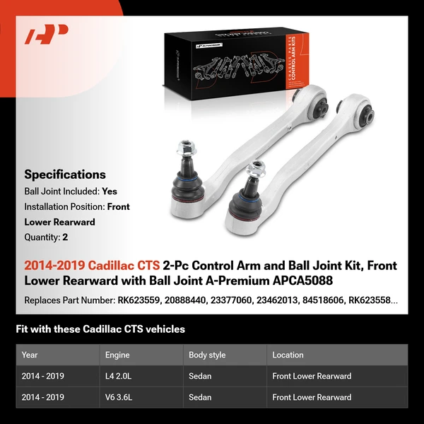 2014-2019 Cadillac CTS 2-Pc Control Arm and Ball Joint Kit, Front Lower Rearward with Ball Joint A-Premium APCA5088