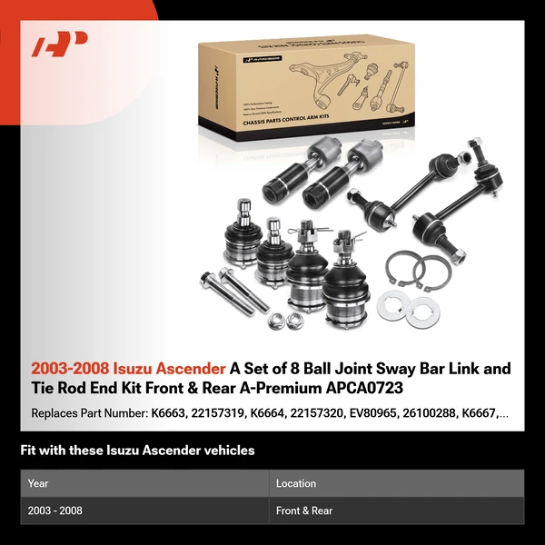 2003-2008 Isuzu Ascender A Set of 8 Ball Joint Sway Bar Link and Tie Rod End Kit Front & Rear A-Premium APCA0723