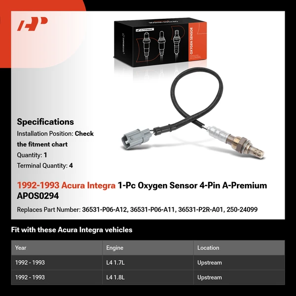 1992-1993 Acura Integra 1-Pc Oxygen Sensor 4-Pin A-Premium APOS0294