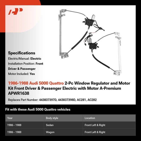 1986-1988 Audi 5000 Quattro 2-Pc Window Regulator and Motor Kit Front Driver & Passenger Electric with Motor A-Premium APWR1638