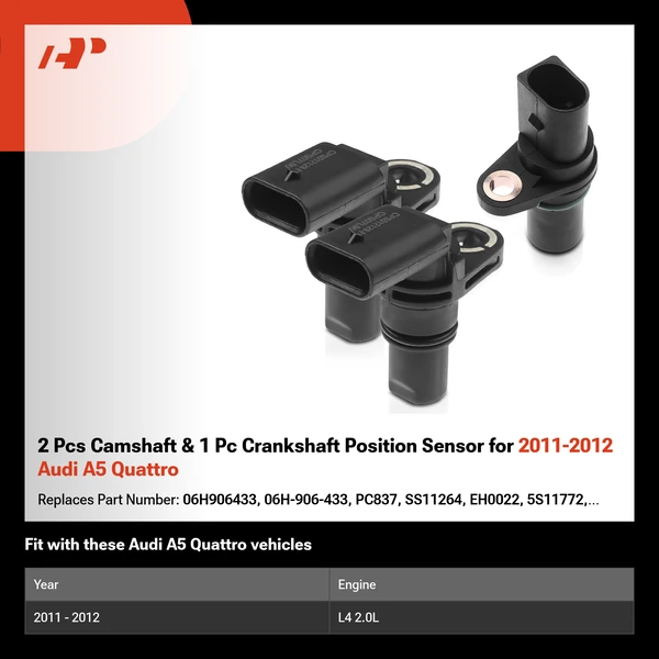 2 Pcs Camshaft & 1 Pc Crankshaft Position Sensor for 2011-2012 Audi A5 Quattro