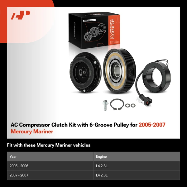 AC Compressor Clutch Kit with 6-Groove Pulley for 2005-2007 Mercury Mariner